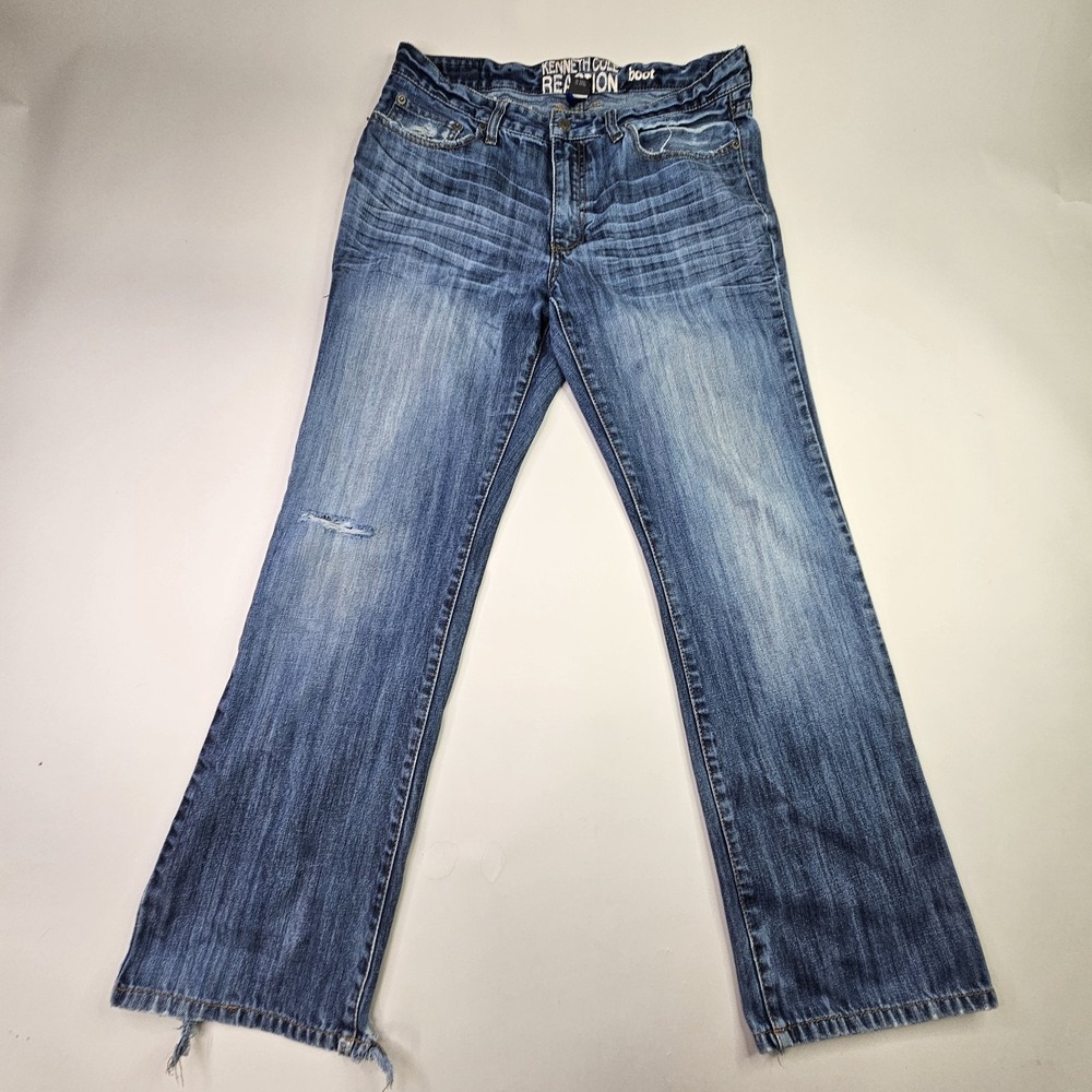 Kenneth Cole Reaction Jeans Mens 34 Blue Distressed Bootcut Denim Pants